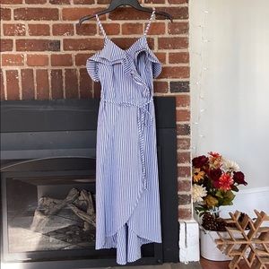 Blue and white pinstripe faux-wrap dress